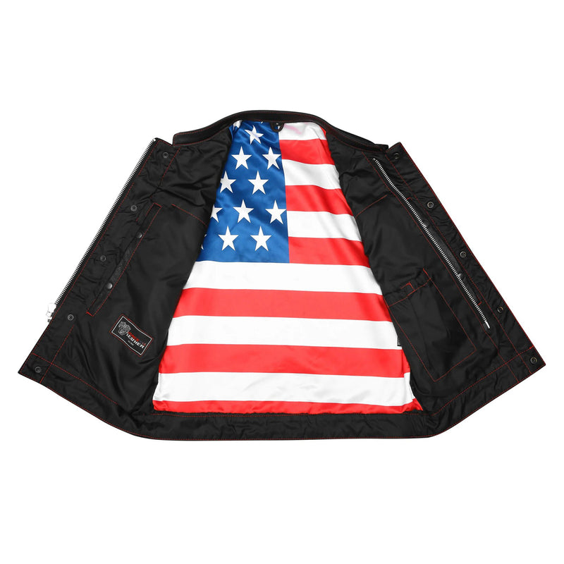 High Mileage Men's Zipper and Snap Closure Leather Club Vest with American Flag Liner and Red Stitching
