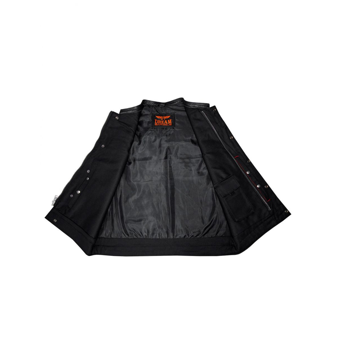 Mens Black Denim & Leather Motorcycle Club Vest Blue Thread Zipper Front, Diamond Padding