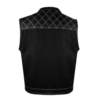 Mens Black Denim & Leather Motorcycle Club Vest White Thread Zipper Front, Diamond Padding
