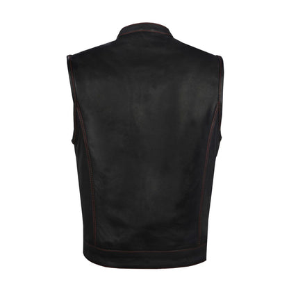 Mens Leather Club Vest Red Thread, Red Paisley Lining, Zipper Front, Diamond Padding