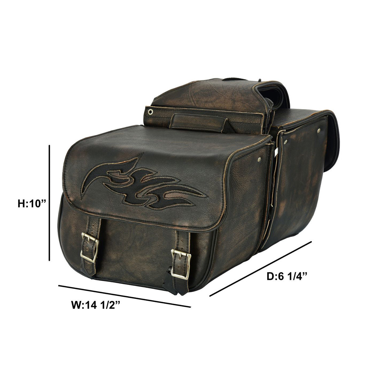 Genuine Distressed Brown Naked Leather Concealed Carry Saddlebag with Flame
