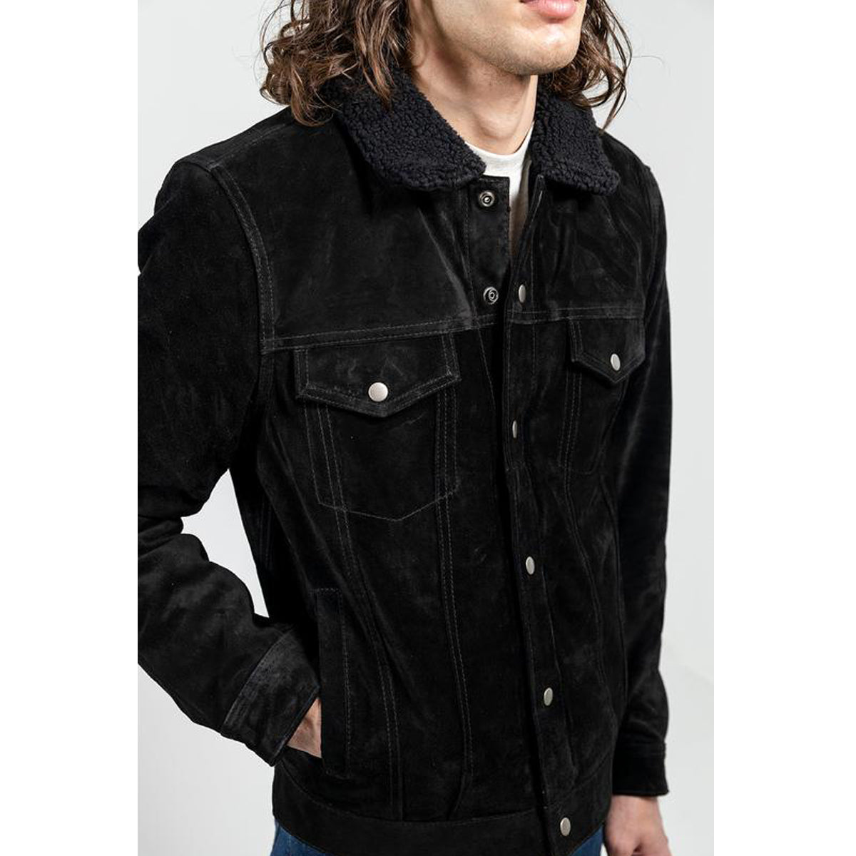 Luke - Men's Faux Shearling Cow Suede Jacket (Black)
