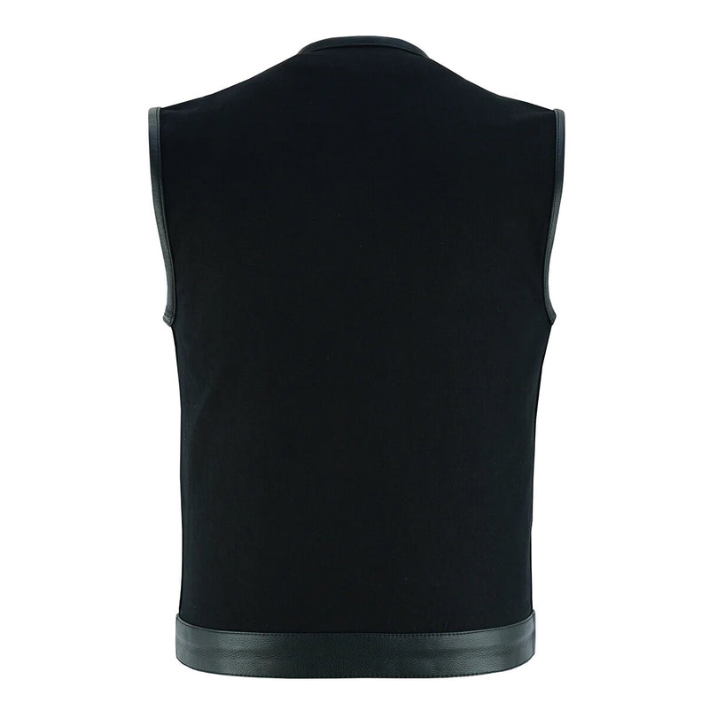 Denim Black Collarless Club Vest with Leather trims