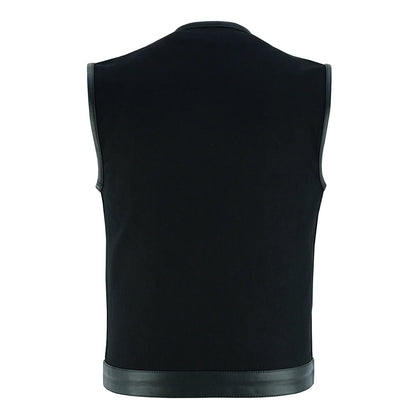 Denim Black Collarless Club Vest with Leather trims