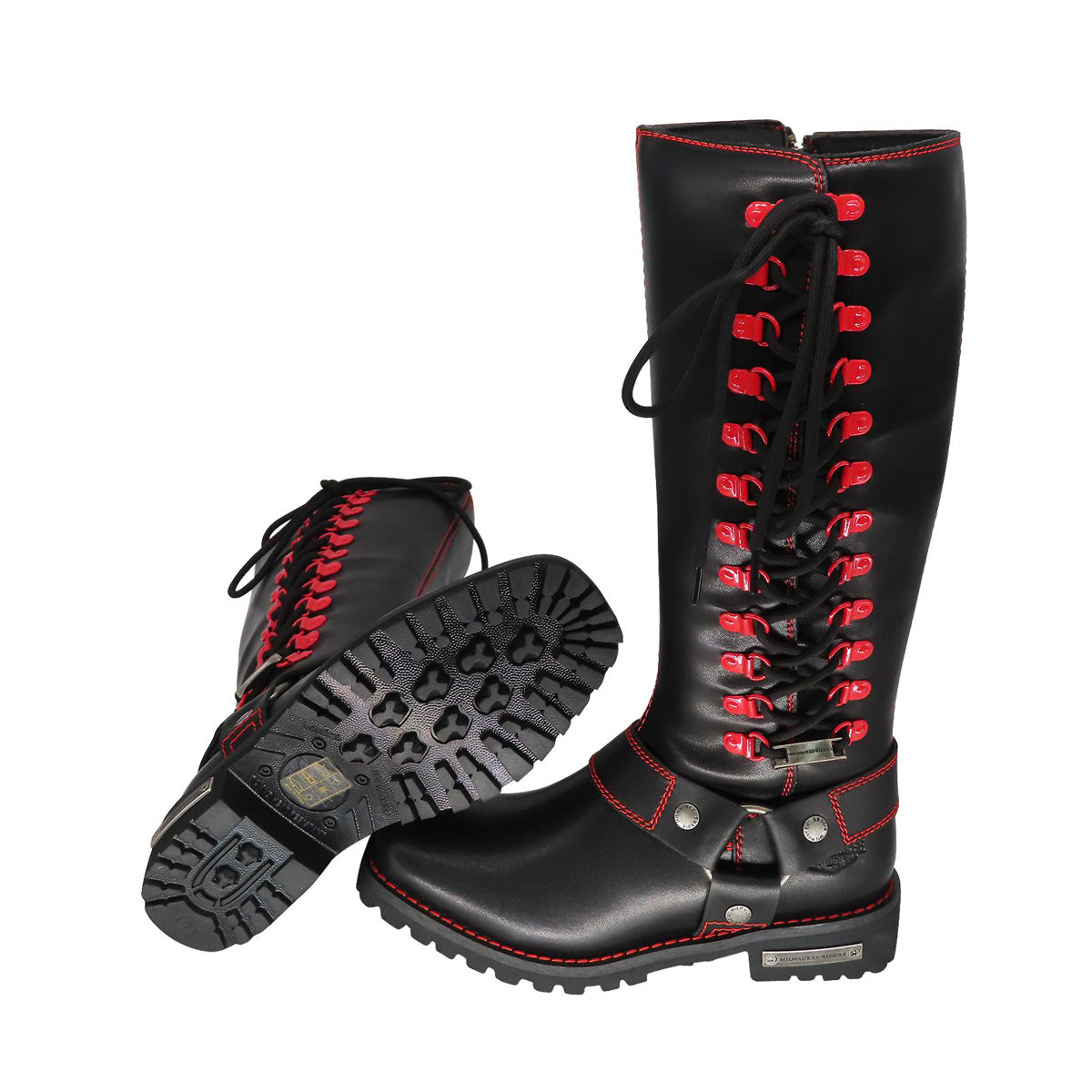 Milwaukee Riders Women Biker Long Boots with Red Laces