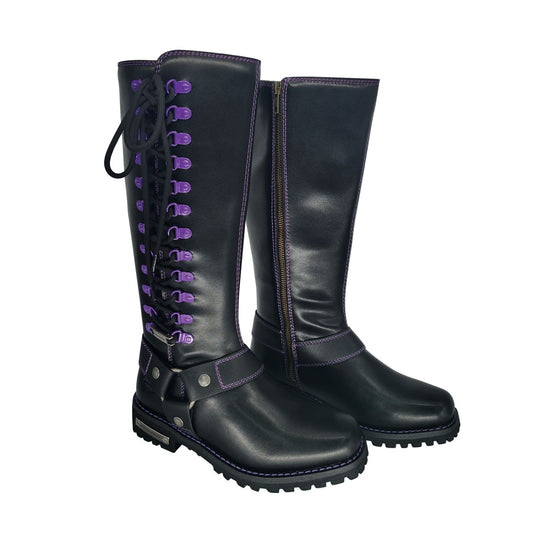 Milwaukee Riders Women Biker Long Boots with Purple Laces