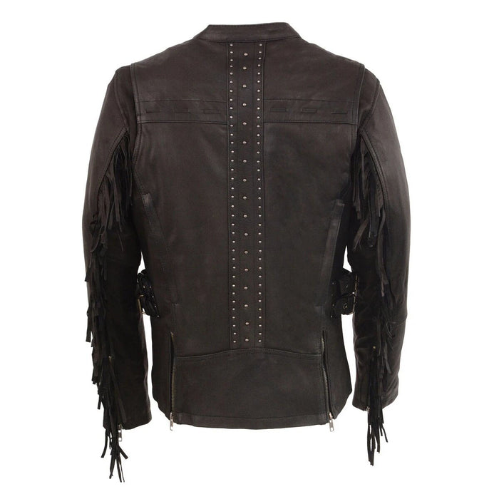 Women's Lightweight Fringed Black Leather Racer Jacket with Dual Gun Pockets