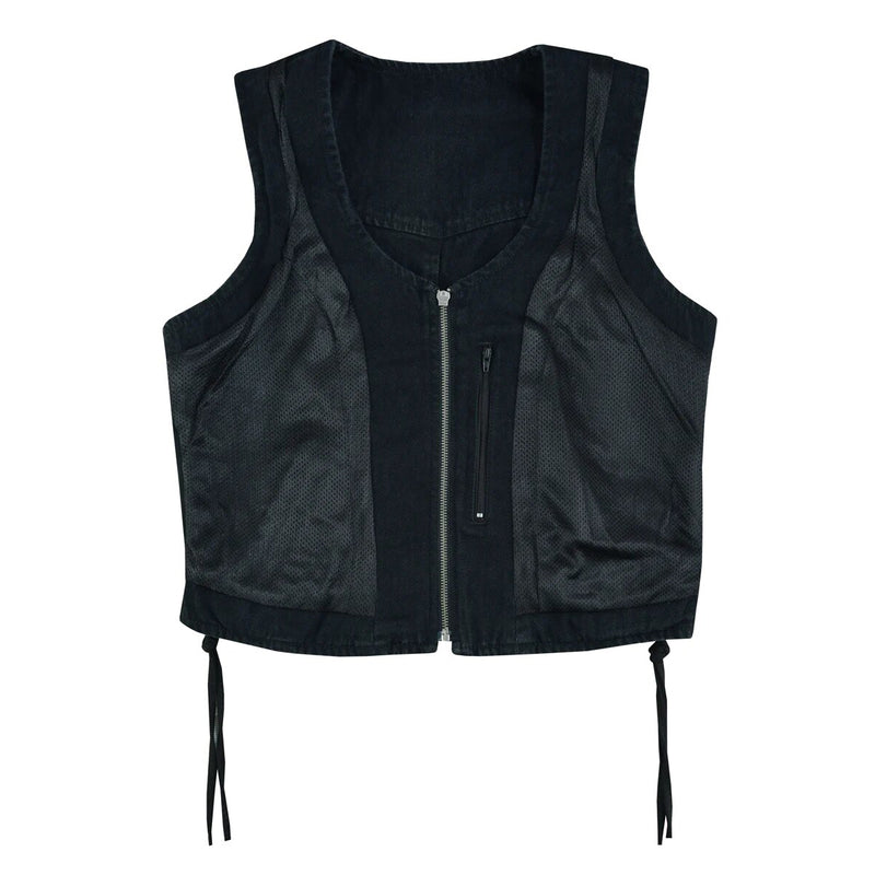 Women's Black & Blue Denim V Neck Vest with Zipper & side laces
