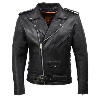Black Classic Police Motorcycle Jacket for Men Made of Cowhide Leather w/ Side Lacing