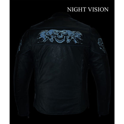 Men's Leather Concealed Carry Racing Jacket with Reflective Skulls