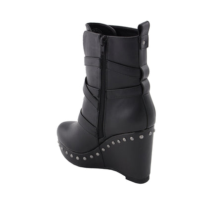 Womens Black Triple Strap Boot with Platform Wedge