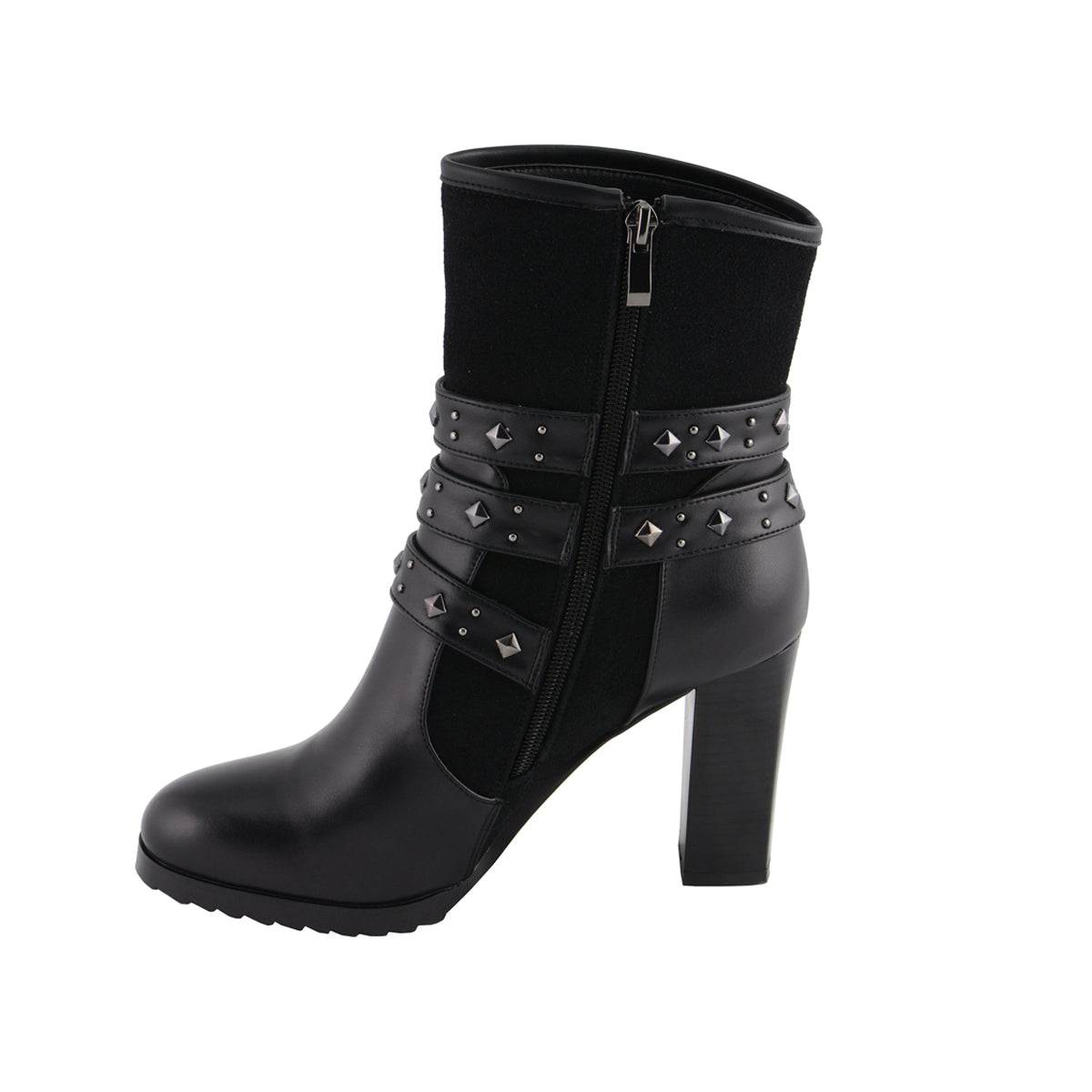 Womens Black Triple Buckle Strap Riding Boot with Block Heel
