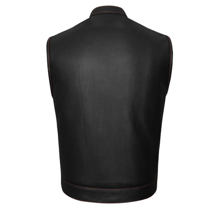 High Mileage Men's Zipper and Snap Closure Leather Club Vest with American Flag Liner and Red Stitching