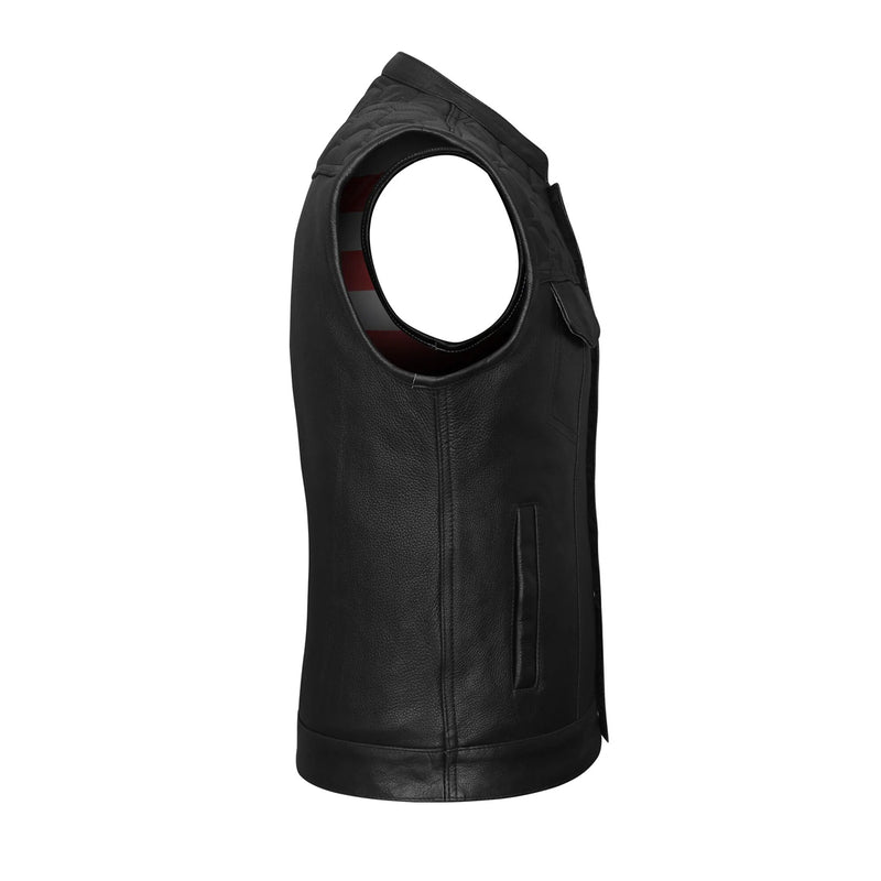 High Mileage Men's Zipper and Snap Closure Leather Club Vest with padding Quick Access with American Flag Liner