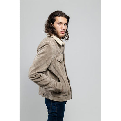 Luke - Men's Faux Shearling Cow Suede Jacket (Taupe)