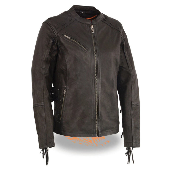 Women's Lightweight Fringed Black Leather Racer Jacket with Dual Gun Pockets