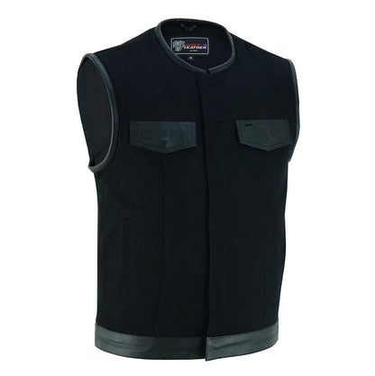 Denim Black Collarless Club Vest with Leather trims