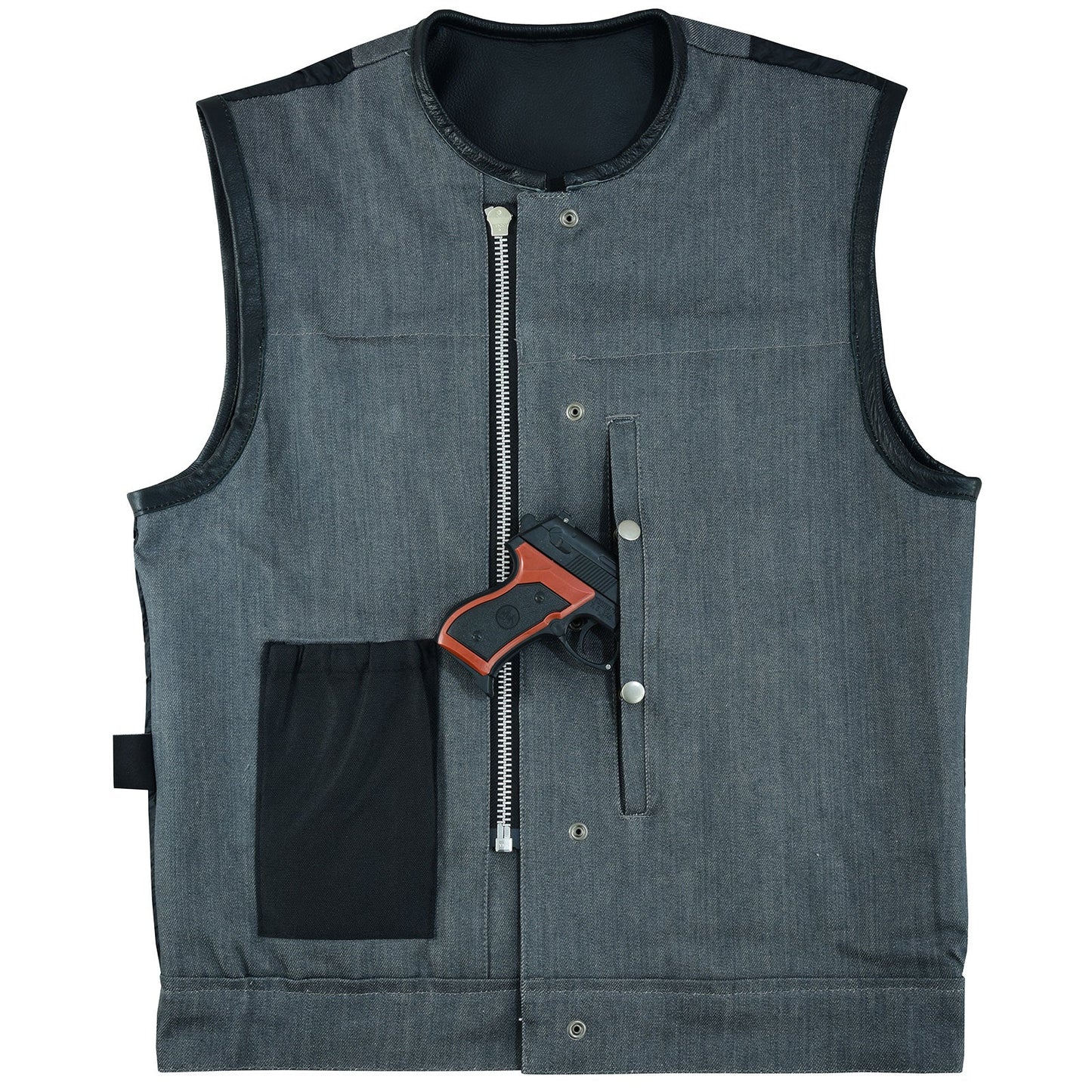 Men's Grey Denim & Leather Motorcycle Vest with CCW Pockets