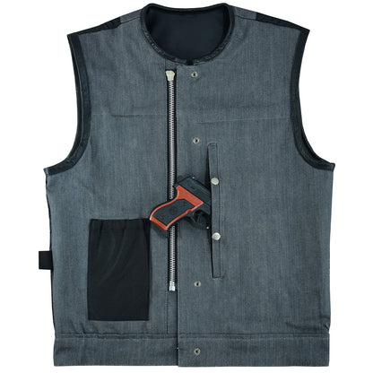 Men's Grey Denim & Leather Motorcycle Vest with CCW Pockets