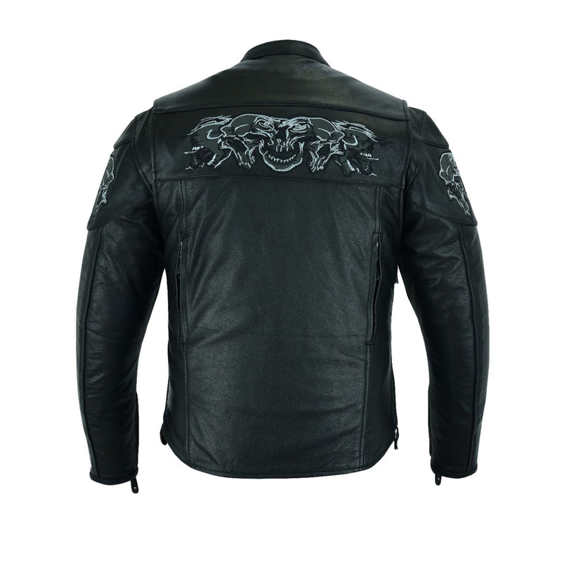 Men's Leather Concealed Carry Racing Jacket with Reflective Skulls