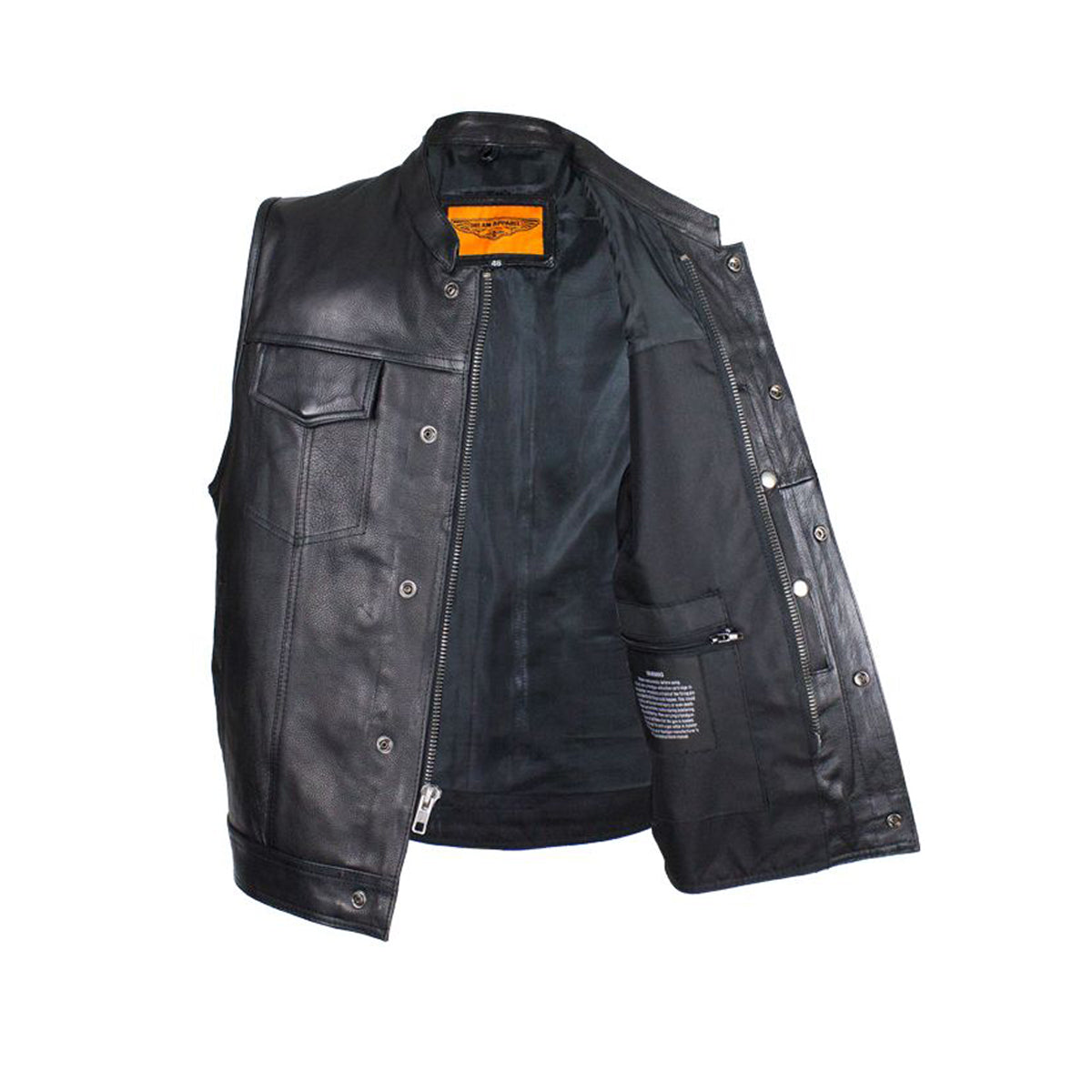 Dream Apparel Mens Motorcycle CLUB VEST Naked Cowhide Leather, Zipper Front, Concealed Front Snaps