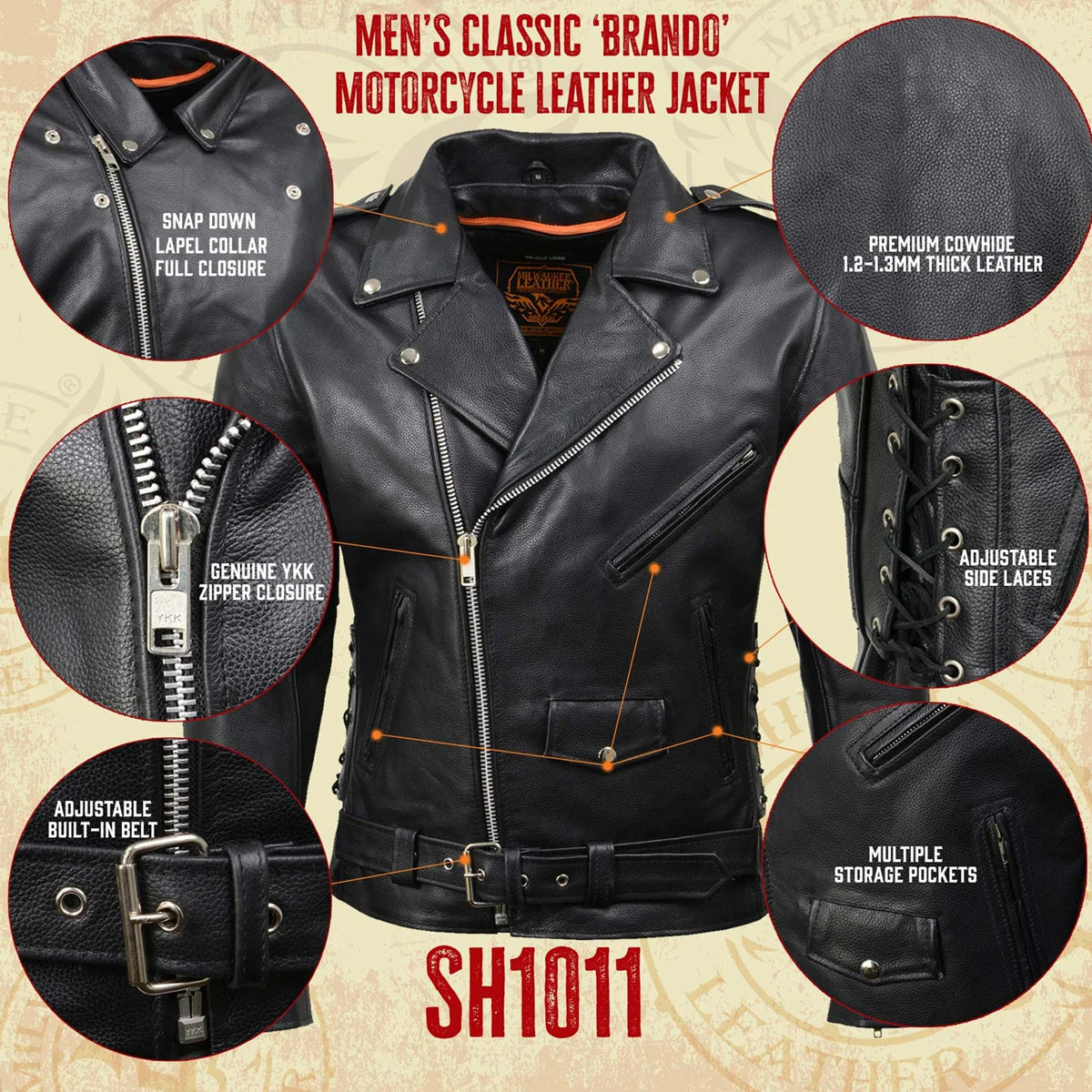 Black Classic Police Motorcycle Jacket for Men Made of Cowhide Leather w/ Side Lacing
