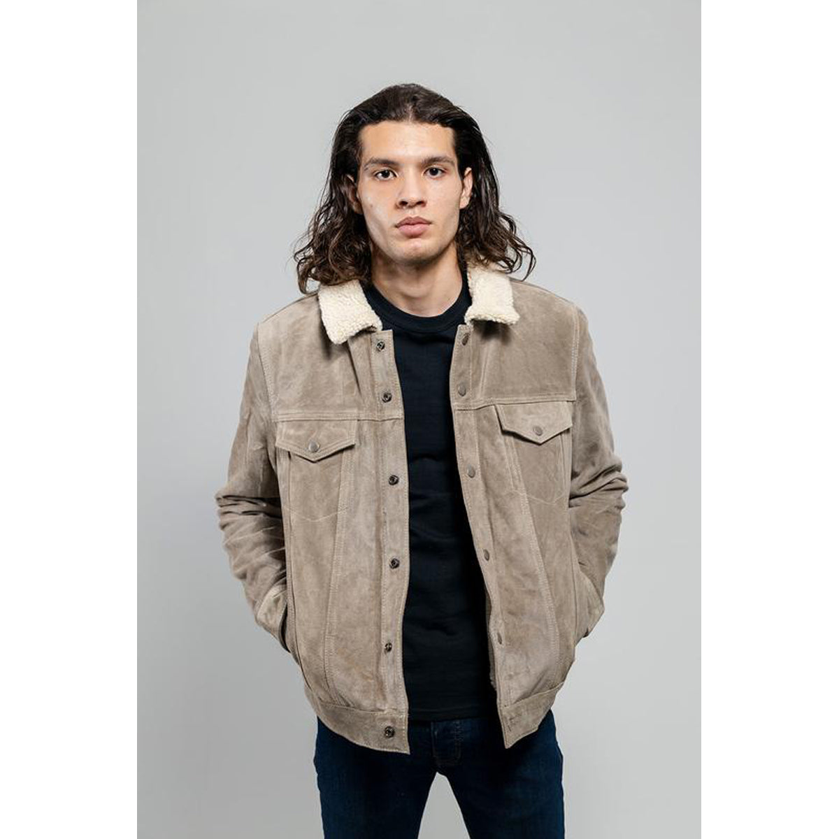 Luke - Men's Faux Shearling Cow Suede Jacket (Taupe)