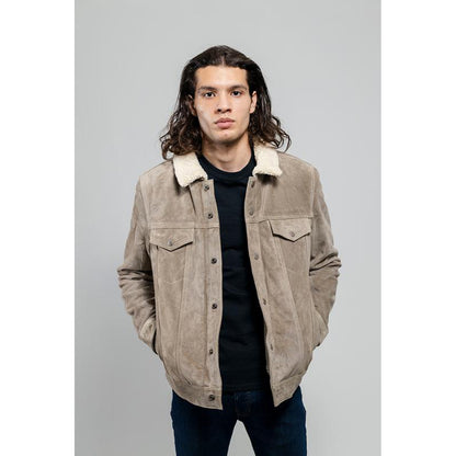 Luke - Men's Faux Shearling Cow Suede Jacket (Taupe)