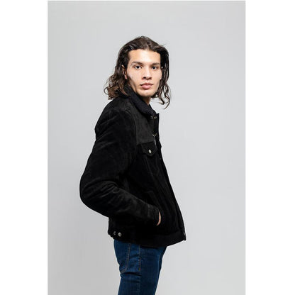 Luke - Men's Faux Shearling Cow Suede Jacket (Black)
