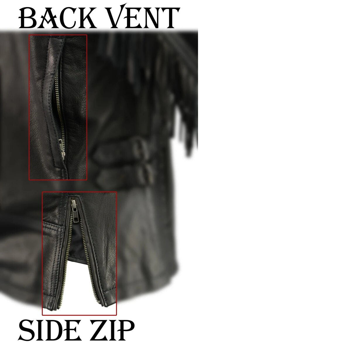 Women's Lightweight Fringed Black Leather Racer Jacket with Dual Gun Pockets