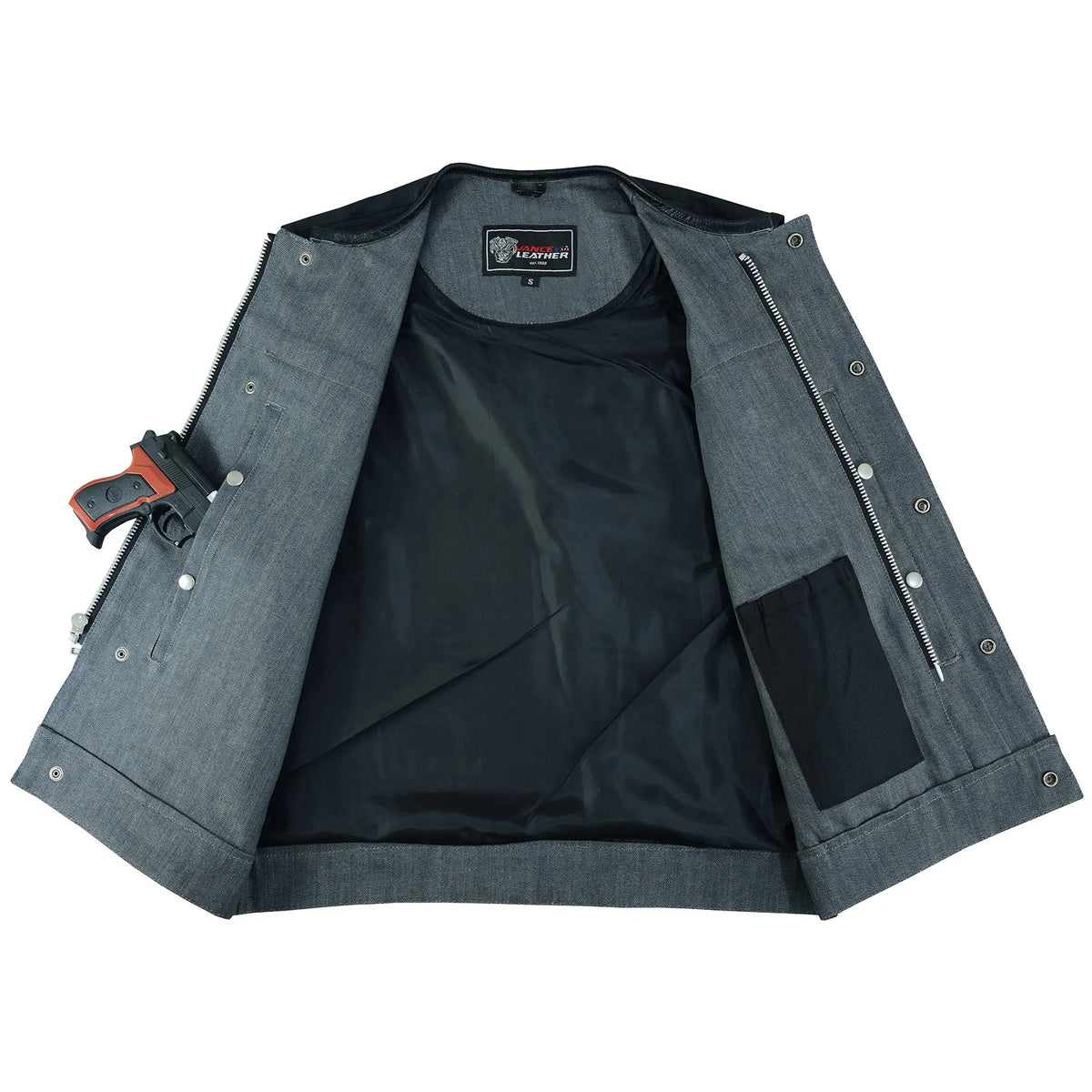 Men's Grey Denim & Leather Motorcycle Vest with CCW Pockets