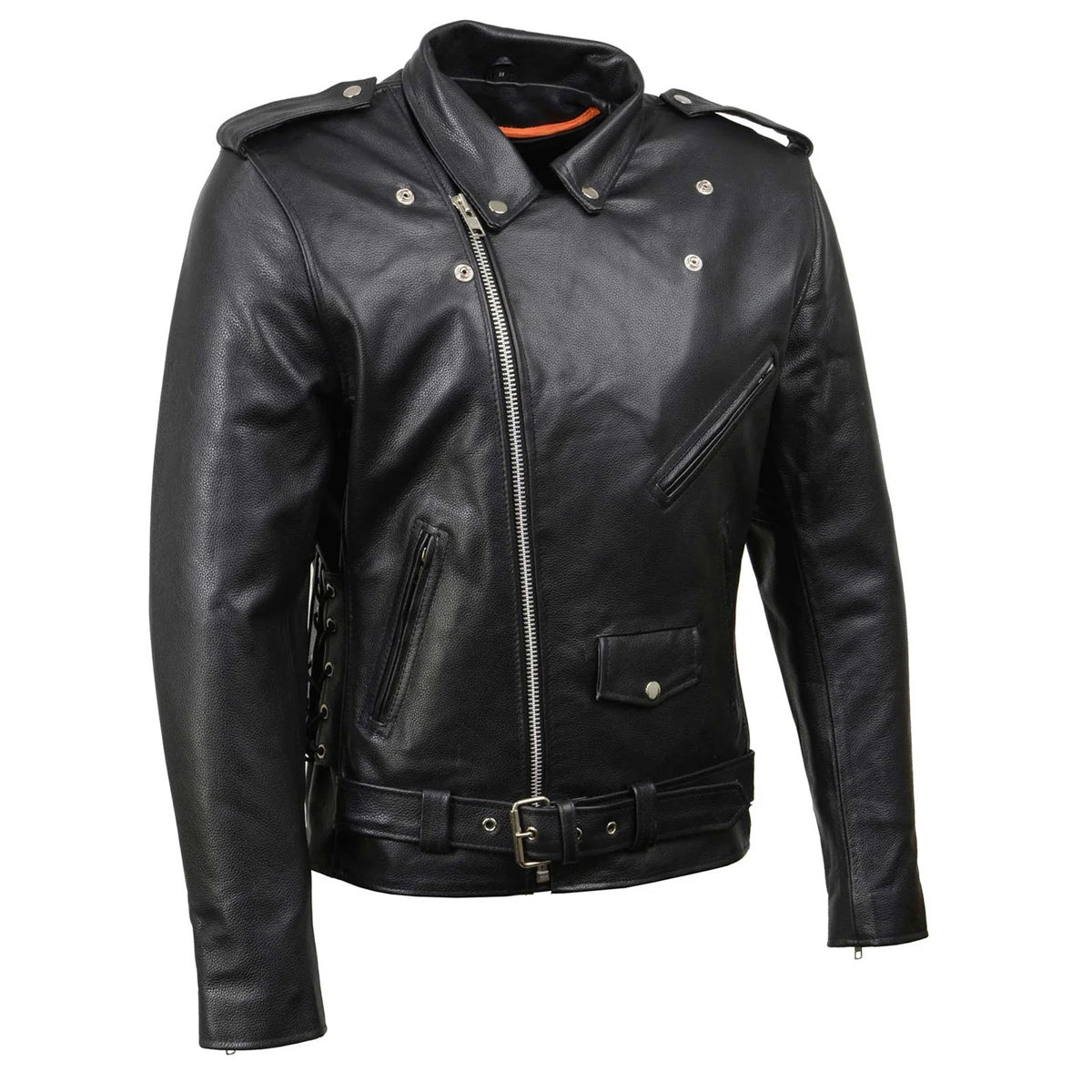 Black Classic Police Motorcycle Jacket for Men Made of Cowhide Leather w/ Side Lacing