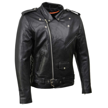 Black Classic Police Motorcycle Jacket for Men Made of Cowhide Leather w/ Side Lacing