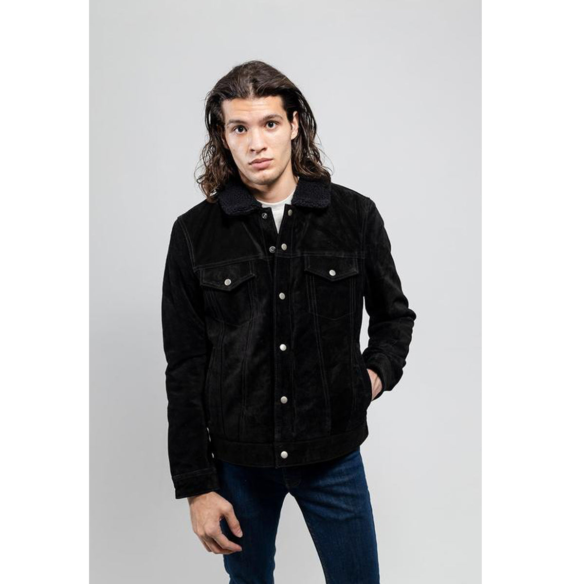 Luke - Men's Faux Shearling Cow Suede Jacket (Black)