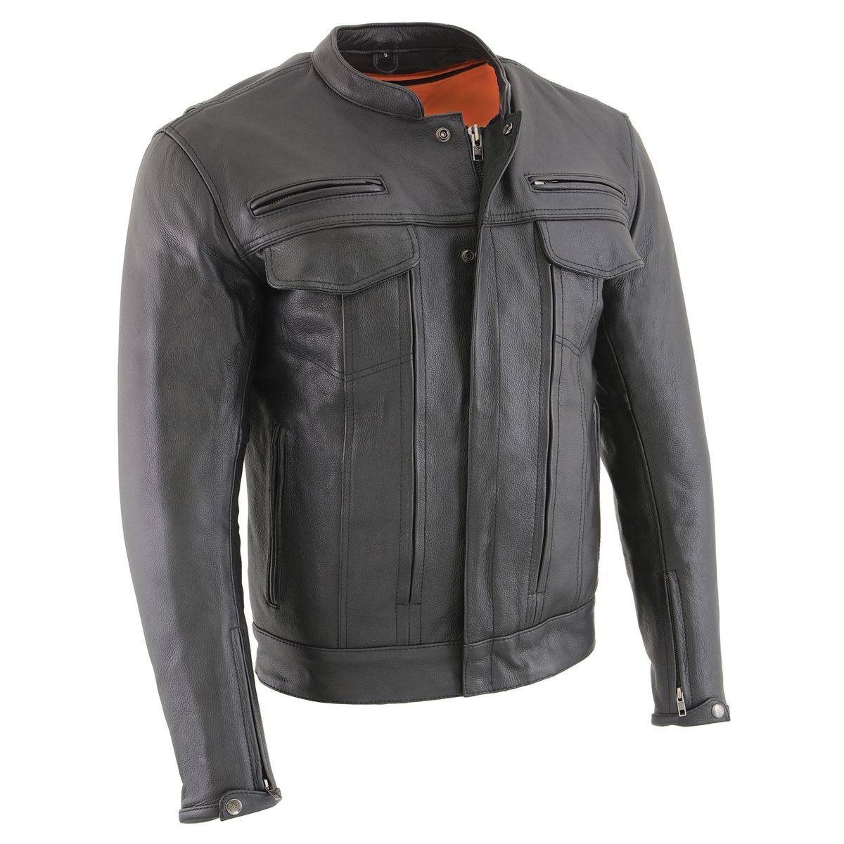 Men's 'Cool-Tec' Black Real Leather Scooter Style Motorcycle Jacket with Utility Pockets