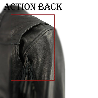 Women's Lightweight Fringed Black Leather Racer Jacket with Dual Gun Pockets