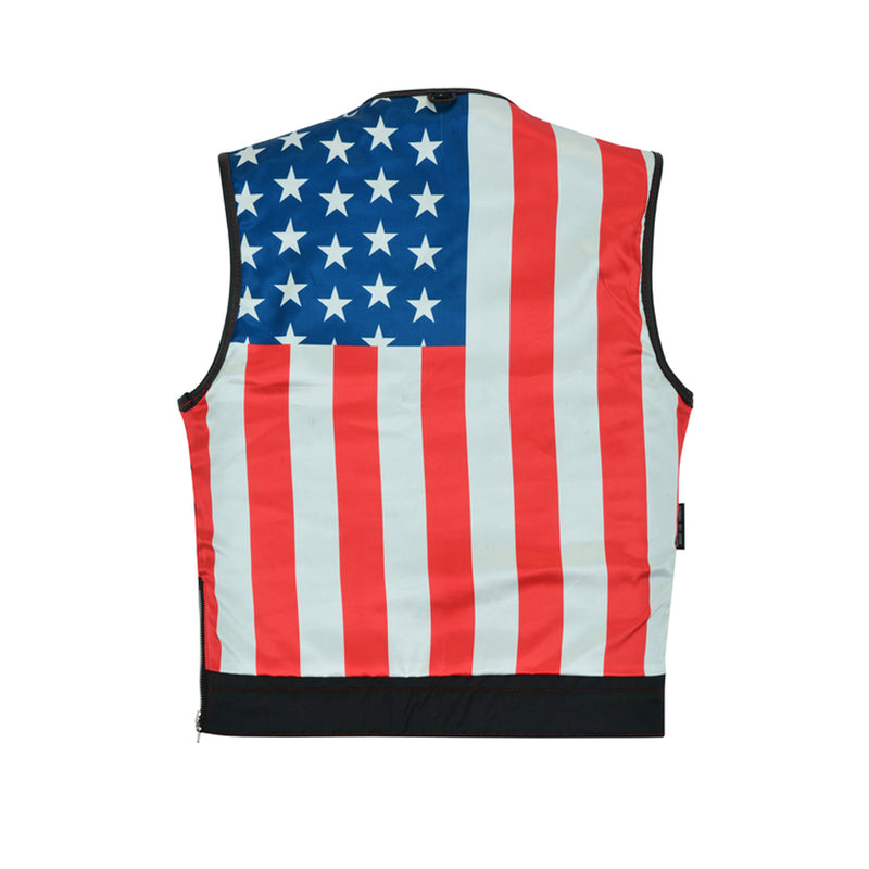MEN’S LEATHER VEST WITH RED STITCHING AND USA INSIDE FLAG LINING
