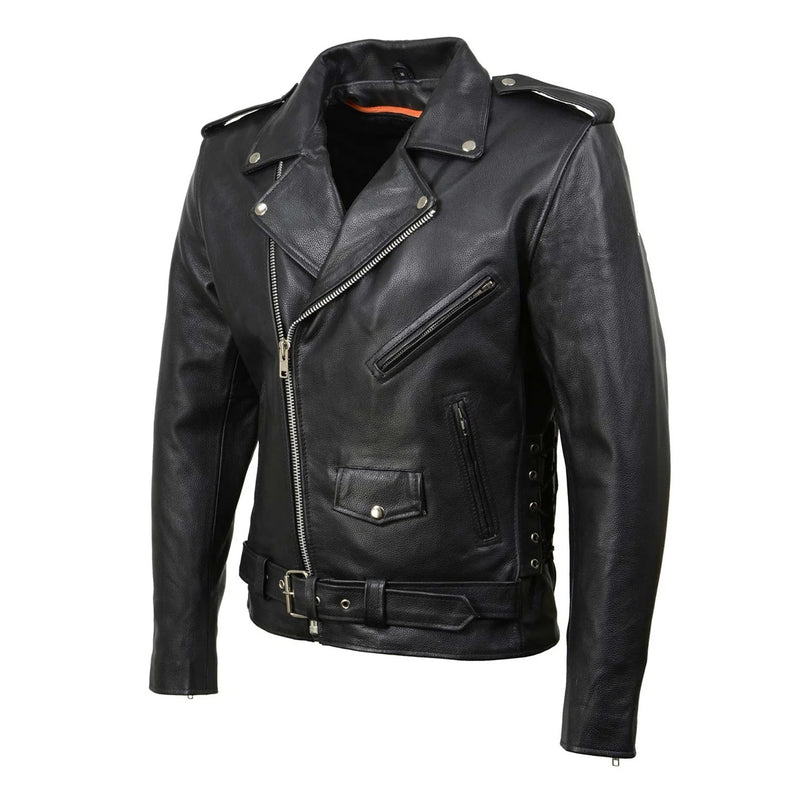 Black Classic Police Motorcycle Jacket for Men Made of Cowhide Leather w/ Side Lacing