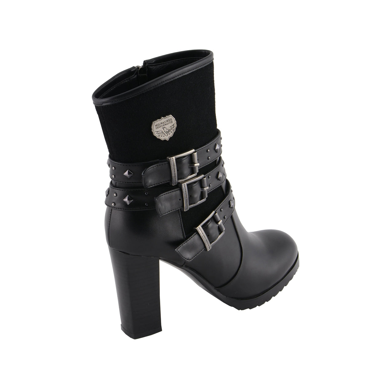 Womens Black Triple Buckle Strap Riding Boot with Block Heel
