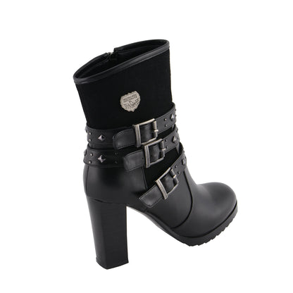 Womens Black Triple Buckle Strap Riding Boot with Block Heel