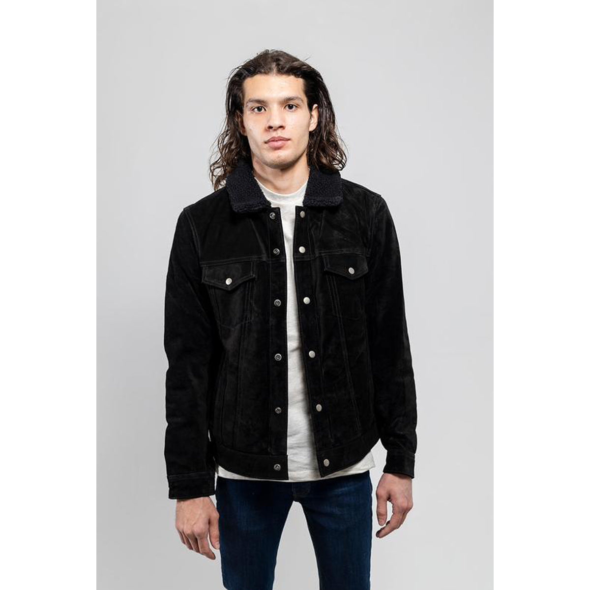 Luke - Men's Faux Shearling Cow Suede Jacket (Black)