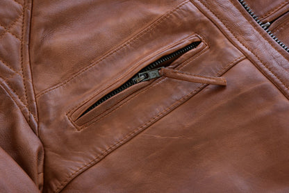 Men's Cafe Racer Waxed Lambskin Austin Brown Motorcycle Leather Jacket
