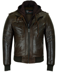 Mens Vincent Brown Waxed Premium Cowhide Motorcycle Leather Jacket With Removeable Hoodie