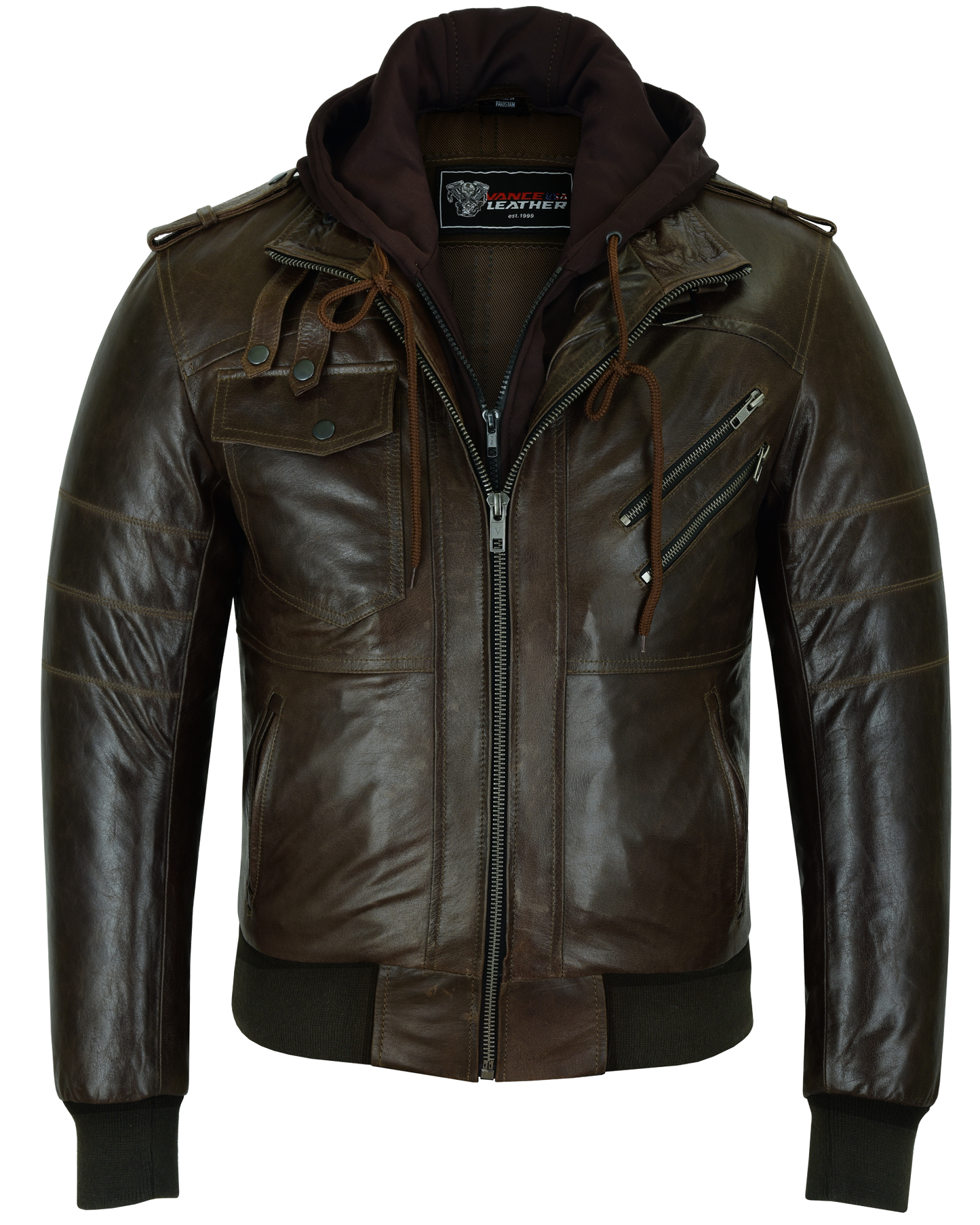 Mens Vincent Brown Waxed Premium Cowhide Motorcycle Leather Jacket With Removeable Hoodie