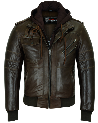 Mens Vincent Brown Waxed Premium Cowhide Motorcycle Leather Jacket With Removeable Hoodie