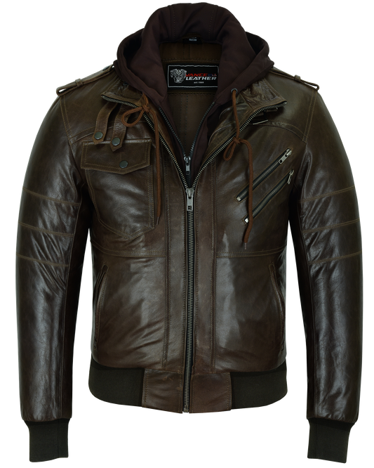 Mens Vincent Brown Waxed Premium Cowhide Motorcycle Leather Jacket With Removeable Hoodie