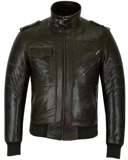 Mens Vincent Brown Waxed Premium Cowhide Motorcycle Leather Jacket With Removeable Hoodie