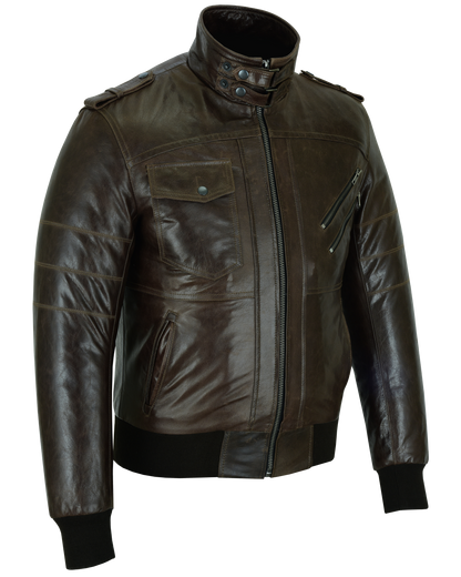 Mens Vincent Brown Waxed Premium Cowhide Motorcycle Leather Jacket With Removeable Hoodie