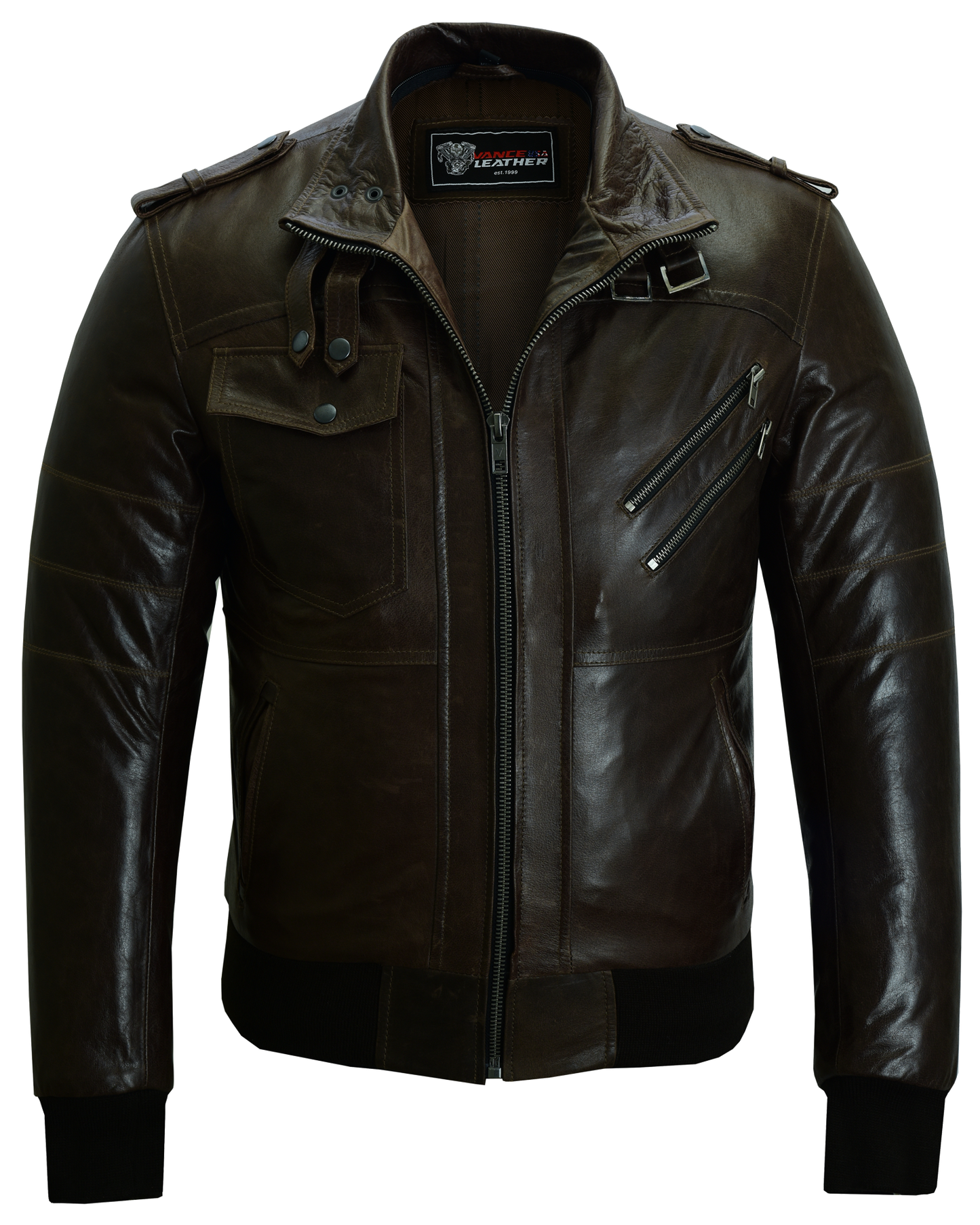 Mens Vincent Brown Waxed Premium Cowhide Motorcycle Leather Jacket With Removeable Hoodie