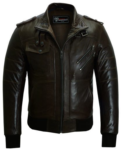 Mens Vincent Brown Waxed Premium Cowhide Motorcycle Leather Jacket With Removeable Hoodie
